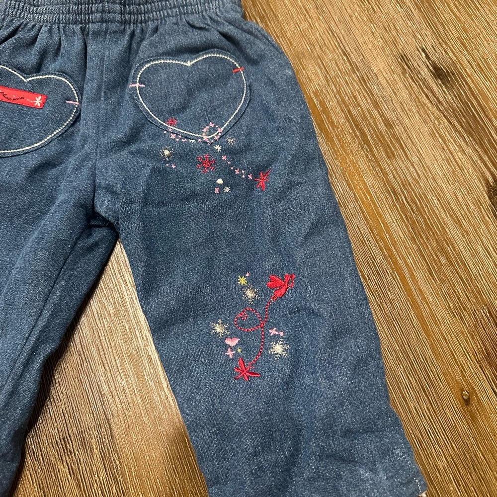 3/27$ Baby Fleece Lined Denim Jeans with Embroidery size 3 months - Picture 4 of 6
